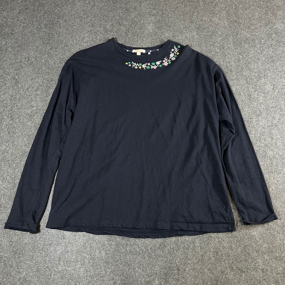 Barbour Amberley Tee Navy Blue Floral Embroidered Long Sleeve Cotton Top US 12